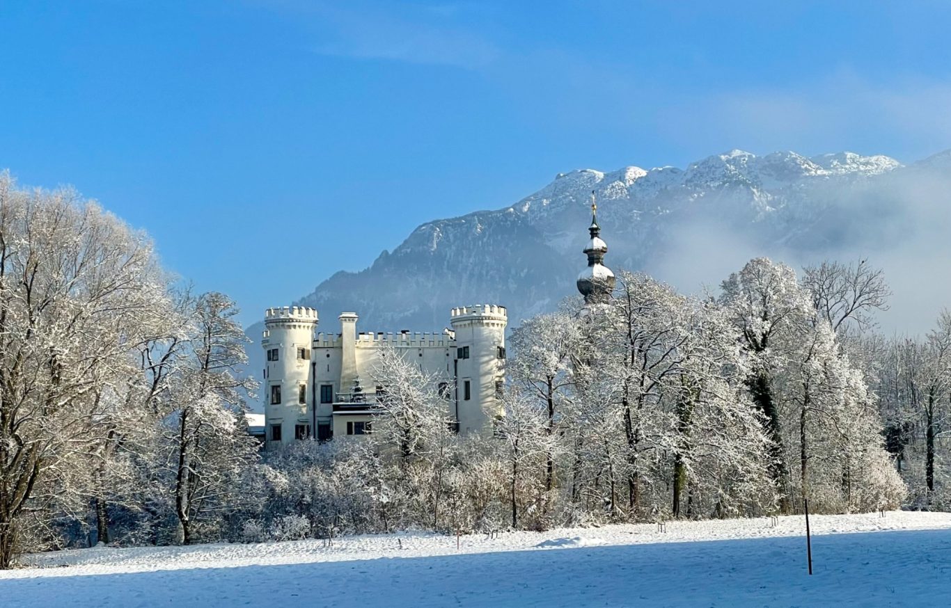 Blick auf das Schloss Marzoll in winterlicher Landschaft